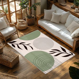 Minimalist Art Area Rug, Boho Leaves Living Room Rug, Abstract Geometric Floor Mat, Black & Green Non-Slip Mat,  Modern Hallway Runner Rug
