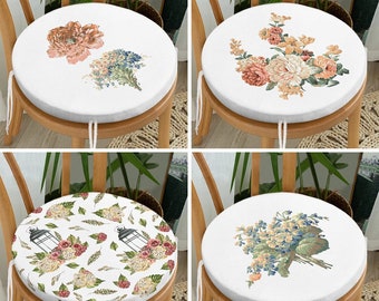 Wild Flowers Design Round Chair Pads with Ties, Country Floral Set of 4 Seat Covers, Rustic Style Chair Cushion, Stylish Cushion, Home Decor