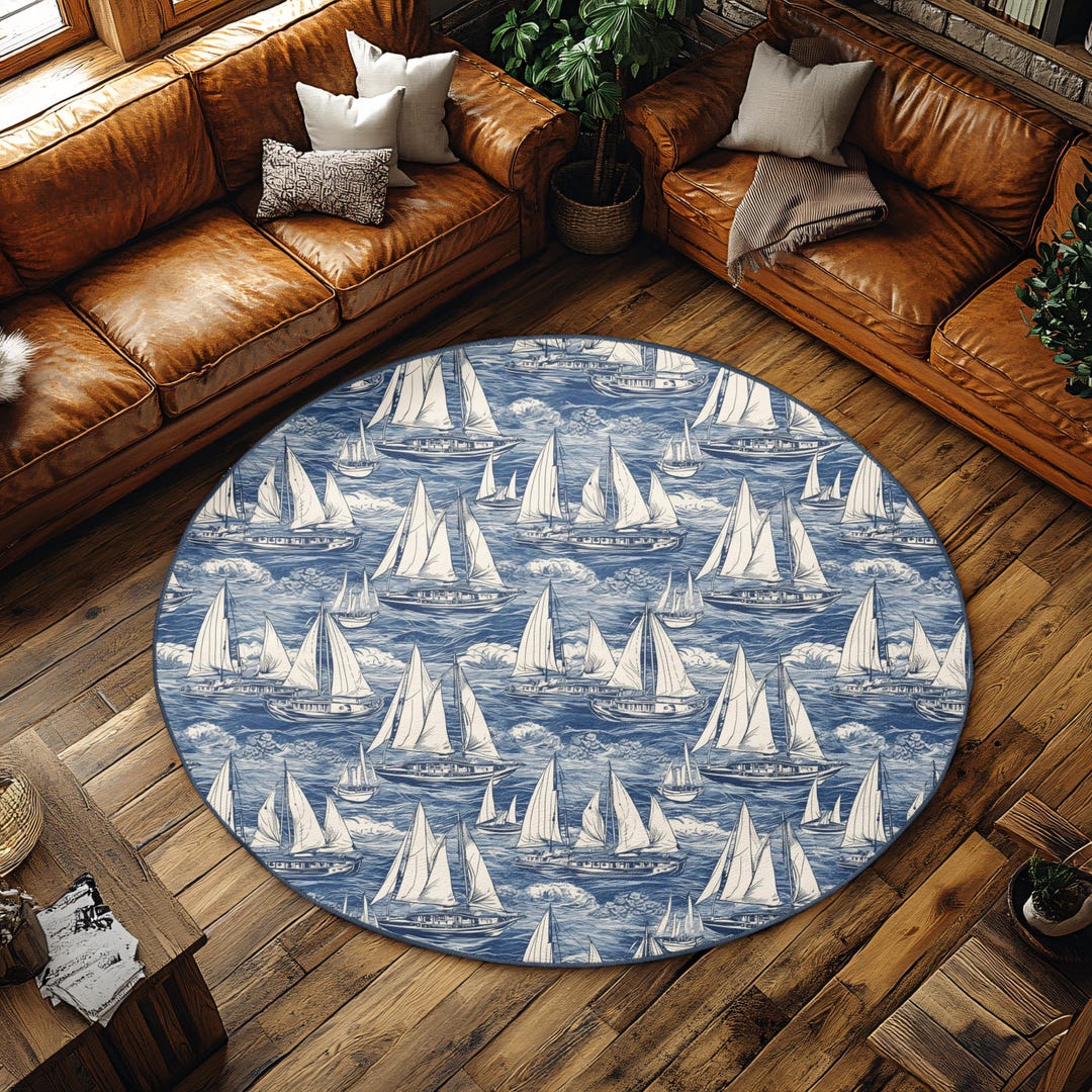 Ocean Waves Rug: Round Nautical Sailboat Design, Coastal Colors - Etsy