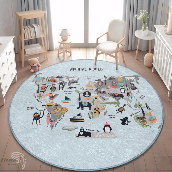 Animal Map Rug: Soft Round Nursery Play Mat for Kids