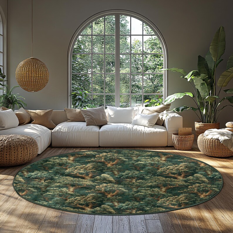 Woodland Tree Circular Rug, Green Velvet Surface (non-slip, Washable ...