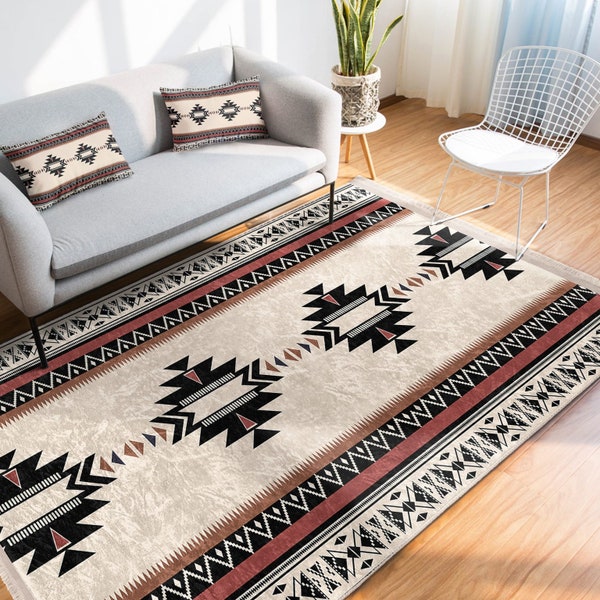 Alfombra de área étnica, alfombra antideslizante con estampado azteca, alfombras de estilo nativo americano, alfombra de cocina geométrica, alfombra de piso del suroeste, alfombra de salón étnico