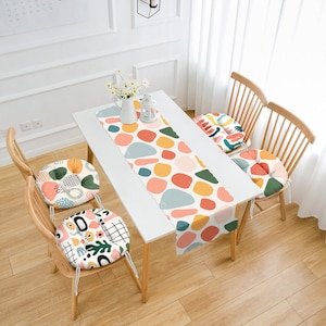 Abstract Shapes Table Runner & Round Chair Cover Set, Modern Art Dining Table Decor and Seat Pads, Creative Outdoor Chair Pads, Unique  Deco