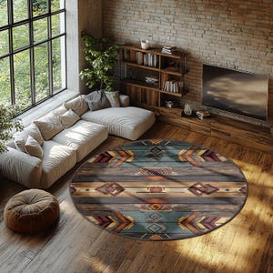 Southwestern Theme Round Rug, Aztec Non-Slip Rug, Farmhouse Round Carpet, Cottagecore Circle Rug, Ethnic Lodge Rug, Wood Grain Pattern Rug