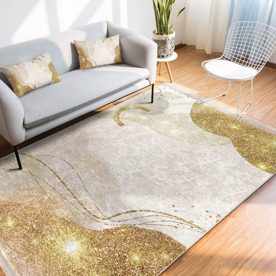 Deep Gold Throw Rug Gold Accent Rug: Velvet Surface With Glitter Design - Etsy