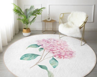 Pink Flower Round Rug, Non Slip Hydrangea Circle Rugs, Minimalist Floral Round Area Rugs, Chic Living Room Rug, Floral Office Rug, Floor Mat