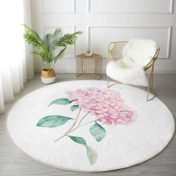 Pink Flower Round Rug, Non Slip Hydrangea Circle Rugs, Minimalist Floral Round Area Rugs, Chic Living Room Rug, Floral Office Rug, Floor Mat