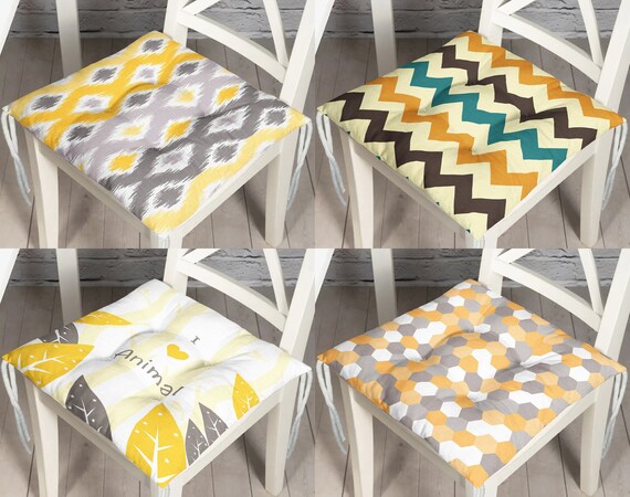 Yellow Gray Chair Pads Geometric Designs Seat Cushion Yellow Kitchen Seat Pad With Ties Outdoor Chair Decor Outdoor Pad Etsy UK