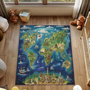 Tapis de carte du monde fantaisiste, tapis de carte du monde de dessin animé, tapis antidérapant pour chambre d'enfant, tapis de jeu éducatifs, tapis de sol de salle de jeux, décoration unique pour chambre d'enfant