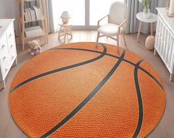May include: A round orange rug with a basketball design. The rug features black lines that mimic the seams of a basketball. The rug has a textured surface and is placed on a hardwood floor. The rug is a decorative item for a room.