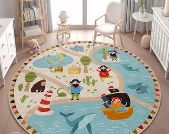 Tapis pirate : aventure avec des requins et des baleines pour salle de jeux pour enfants