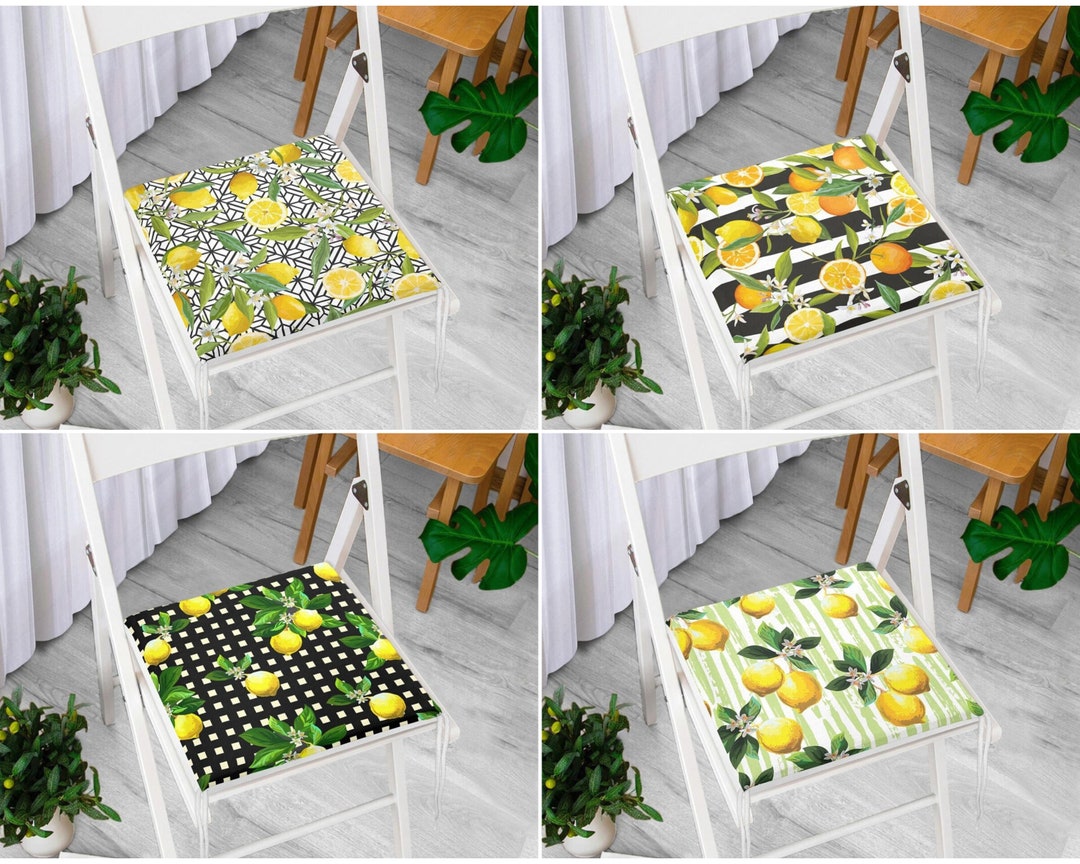 Yellow Lemon Chair Cushions With Ties, Lemon Theme Kitchen Chair Pads, Tropical Fruit Patio Seat