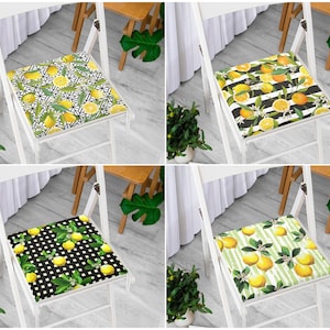 Yellow Lemon Chair Cushions with Ties, Lemon Theme Kitchen Chair Pads, Tropical Fruit Patio Seat Cushion, Citrus Design Outdoor Chair Cover