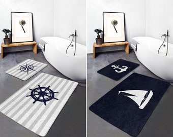 Nautical Bath Mat, Non Slip Bathroom Rug, Ship Wheel Floor Mat, Sailboat Bath Rug, Anchor Bathroom Mat, Compass Door Mat, Marine Bath Decor