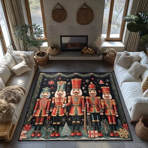 May include: A rectangular rug with a design of five toy soldier nutcrackers in red, blue, and gold uniforms. The rug has a black background with Christmas tree and star accents. The rug is placed in a living room setting.