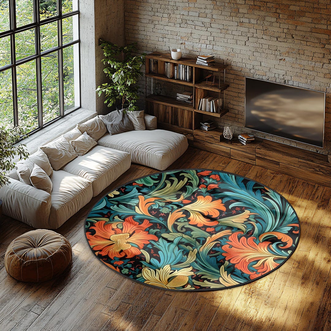 Floral Round Rug, William Morris Inspired Round Carpet, Aesthetic ...