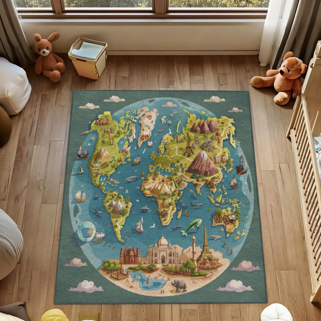 World Map With Famous Landmarks Rug, World Map Kids Room Rug ...