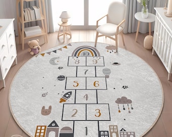 Kinderzimmer Spielteppich: Buntes Hopscotch - Weiche, rutschfeste Unterseite