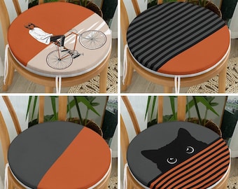 The Girl on the Bicycle Style Round Chair Pads with Ties, Striped Pattern Set of 4 Seat Cover, Orange Black Chair Cushion, Black Cat Cushion