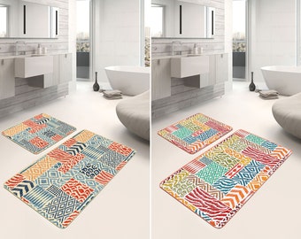 Colorful Bath Mat Set, Ethnic Non-Slip Bathroom Rug, Patchwork Style Bath Rug, Tribal Bathroom Mat, Quick-Dry Floor Mat, Soft Absorbent Mat