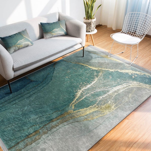 Marble Effect Area Rug, Green & Gold Anti-Slip Carpet, Modern Living Room Rug, Marble Office Floor Mat, Fringed Saloon Rugs, Green Soft Rug