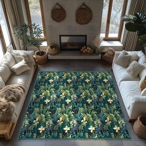 Tropical Plant Area Rug, Non-Slip Bold Botanical Rug, Maximalist Tropical Living Room Rug, Exotic Floral and Leaves Carpet, Forest Entry Rug