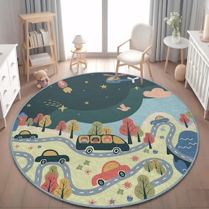 Car Road Adventure Kids Rug, Forest Roadway Round Play Mat, Anti-Slip Traffic Nursery Carpet, Woodland Roadway Children&#39;s Circle Mat