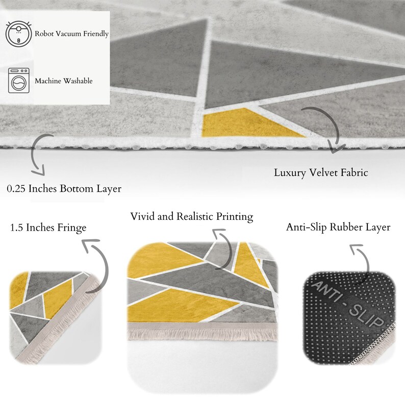 Gray & Yellow Area Rug, Modern Non Slip Rug, Geometric Style Carpet