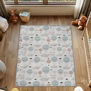 Boho Teppich, Babyzimmer Teppich, Wal und Heißluftballon Teppich, Kinderzimmer Teppich, rutschfester, weicher Kinderteppich, schlafender Wal Kleinkind Teppich, Boho Kinderzimmer Dekor