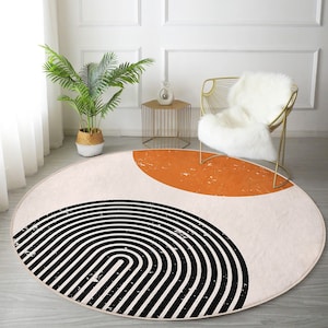 Rainbow & Sun Round Rug, Mid Century Circle Rug, Anti Slip Contemporary Round Carpet, Geometric Blance Shapes Area Rugs, Aesthetic Floor Mat