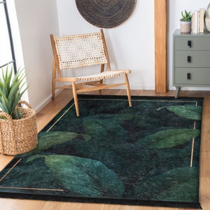 Giant Leaf Rug, Green Plant Non-Slip Carpet, Large Leaf Living Room Rug, Nature Theme Bedroom Rug, Fringed Washable Kitchen Mat, Entry Rug
