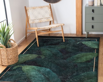 Exotic Leaf Rug - Soft Velvet Tropical Pattern with Non-Slip Backing