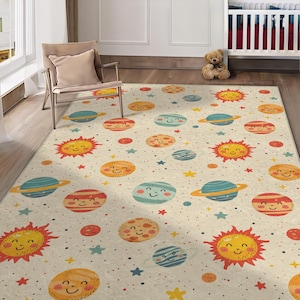 Cute Planets Kids Room Rug, Non-Slip Space Nursery Rug, Galaxy Classroom Rug, Colorful Stars Playroom Rug, Washable Children&#39;s Rug, Gift Mat