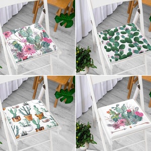 Cactus Design Chair Cover with Zipper, Nonslip Desert Plant Style Chair Cushion, Cactus Outdoor Chair Pad, Pink Flower Bench Seat Pad