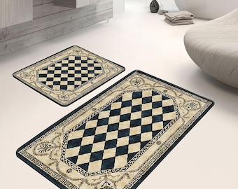 Geometric Bath Mat, Vintage Style Bathroom Mat, Checkered Non-Slip Bath Rug, Elegant Bathroom Rug, Luxury Floor Mat, Beige & Black Door Mat