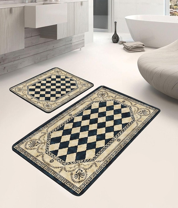 Vintage Bathroom Mat Set - Checkered Pattern, Soft and Washable - Etsy