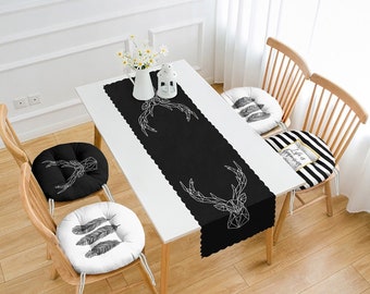 Deer Head Pattern Table Runner and Round Chair Cushion Set, White and Black Feather Dining Table Design and Seat Pads, Outdoor Seat Cushions