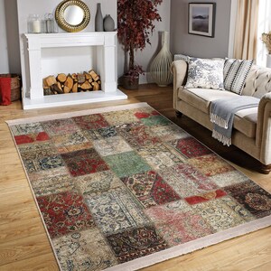 Tapis patchwork turc, style ethnique vintage (lavable, antidérapant)