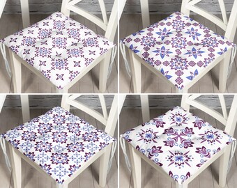 Ethnic Floral Pattern Square Seat Pads, Boho Flower Garden Chair Pad With Ties, Outdoor Chair Covers, Patio Chair Cushion, Housewarming Gift