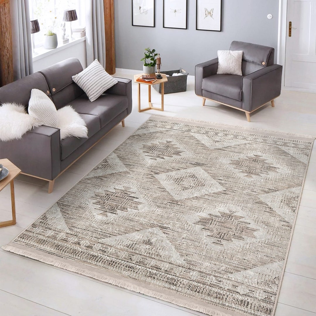 Boho Aztec Rug, Beige Geometric Pattern, Fringed (anti-slip Runner) - Etsy