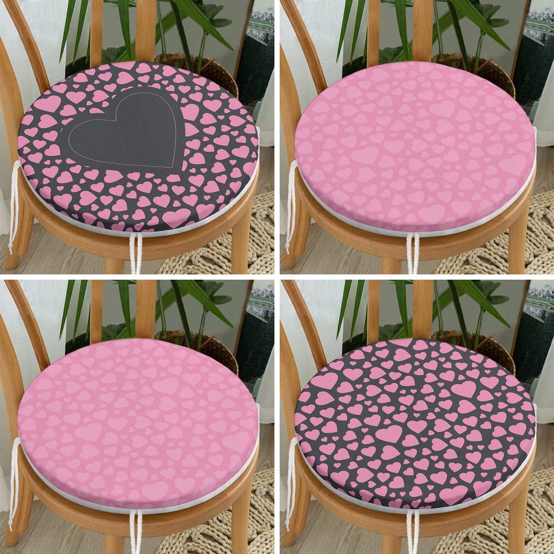 Pink Heart Style Round Chair Cushions With Ties, Romantic Set of 4 Seat