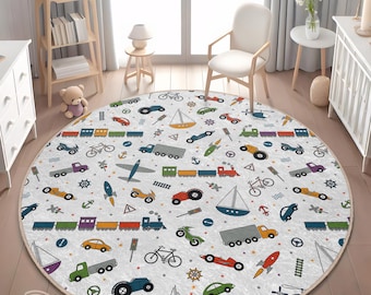 Kids Playroom Rug: Colorful Cars and Trucks - Non-Slip, Washable
