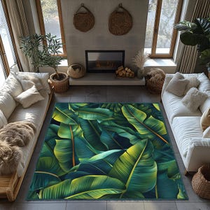 Giant Banana Leaf Area Rug, Lush Green Leaf Rugs, Anti-Slip Tropical Leaves Carpet, Leafy Green Kitchen Rug, Botanical Foliage Floor Mat