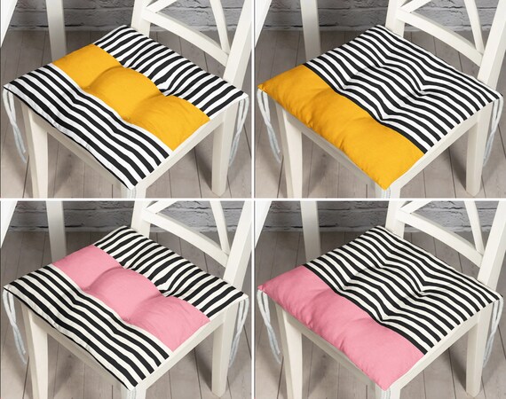 Black White Striped Outdoor Puffy Cushion Yellow Chic Chair Pad With Ties Pink Garden Chair Cushion Kitchen Seat Pad Dining Room Decor Etsy