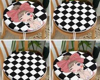 Black White Checkered Motif Round Chair Covers with Ties, Sweet Girl Style Set of 4 Seat Cover, Fashion Girl Chair Cushion, Kitchen Seat Pad