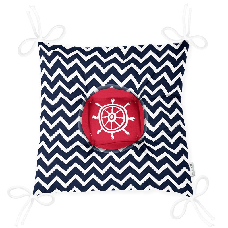 Navy Blue Sea Theme Dining Seat Pad With Ties, Boat Design Outdoor