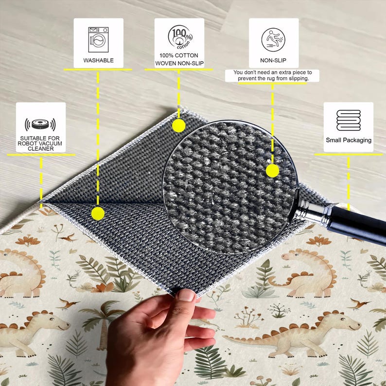 May include: A rug with a dinosaur pattern, featuring beige and green colors. The rug is made of 100% cotton and is non-slip. It is washable and suitable for robot vacuum cleaners. The rug is packaged in a small package.