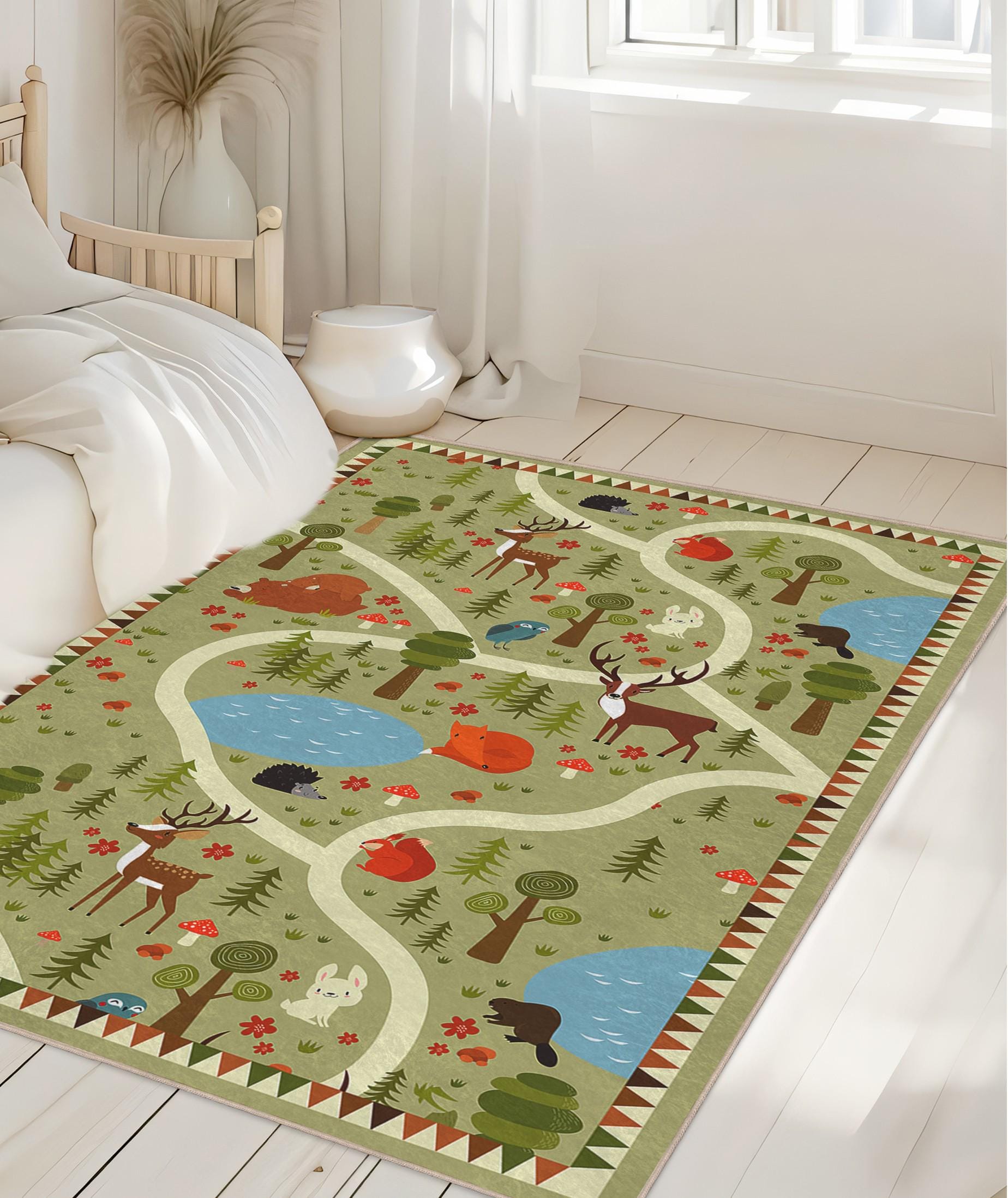 Forest Throw Rug Woodland Nursery Rug: Forest Animals Design (soft Velvet, Machine ...