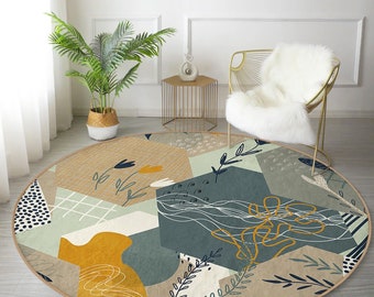 Alfombra redonda geométrica y floral, alfombra circular floral abstracta, alfombra de sala de estar abstracta antideslizante, alfombra de piso de cocina lavable, alfombra de balcón verde