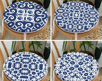 Tile Pattern Round Stool Cushion Pads with Ties, Dark Blue & White Set of 4 Seat Cushions, Outdoor Chair Cushion, Housewarming Gift Ideas